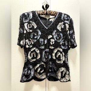 Vintage 80s Adrianna Papell Evening Black Silk Beaded and Sequins Top/Blouse S